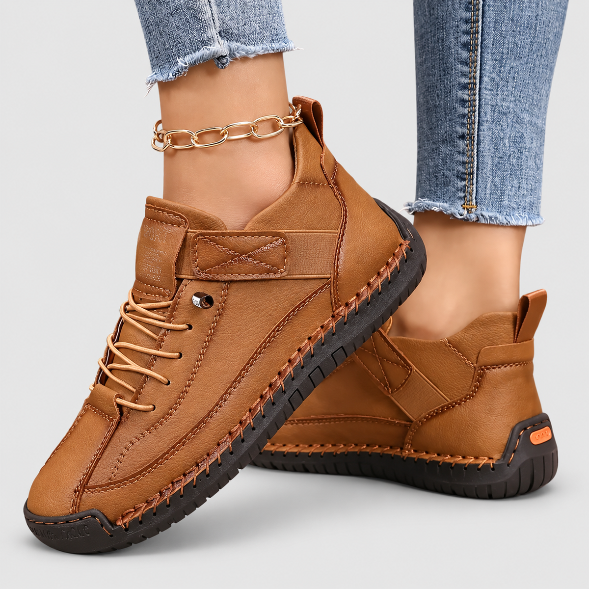 Elena | Women’s Casual Lace-Up Shoes with Stitched Sole — Khaki