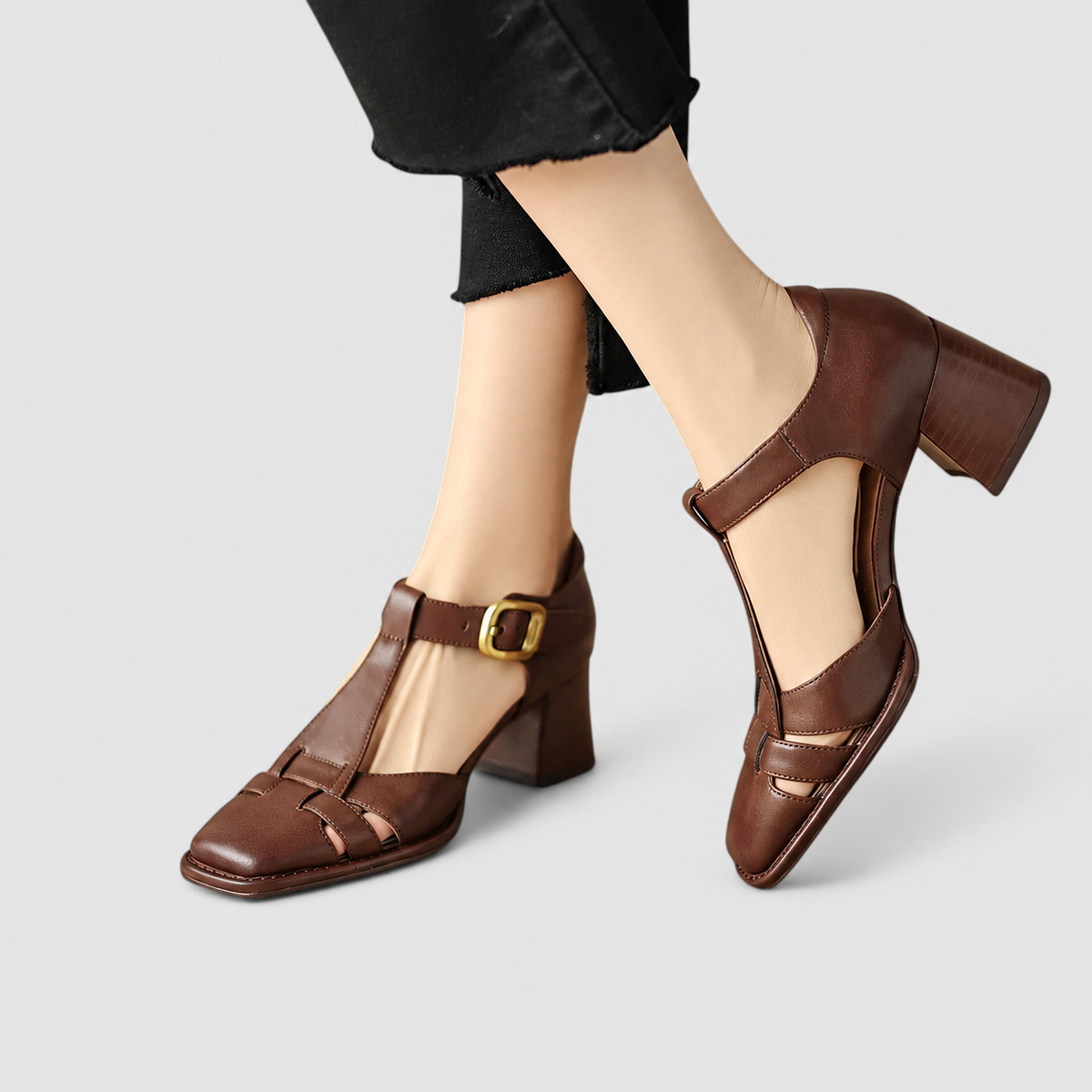Eliana-Claire | Women’s T-Strap Block-Heel Shoes — Brown