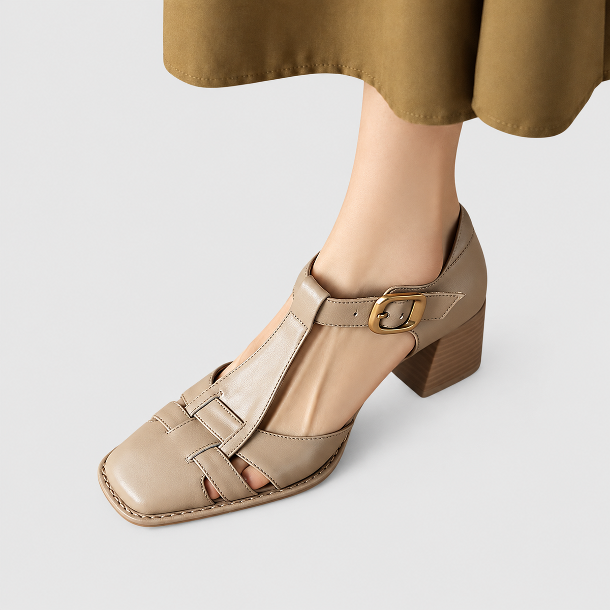 Eliana-Claire | Women’s T-Strap Block-Heel Shoes — Beige