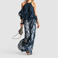 Elisabetta | Women’s Ruffled Halter Top and Wide-Leg Pants Set — Navy Blue