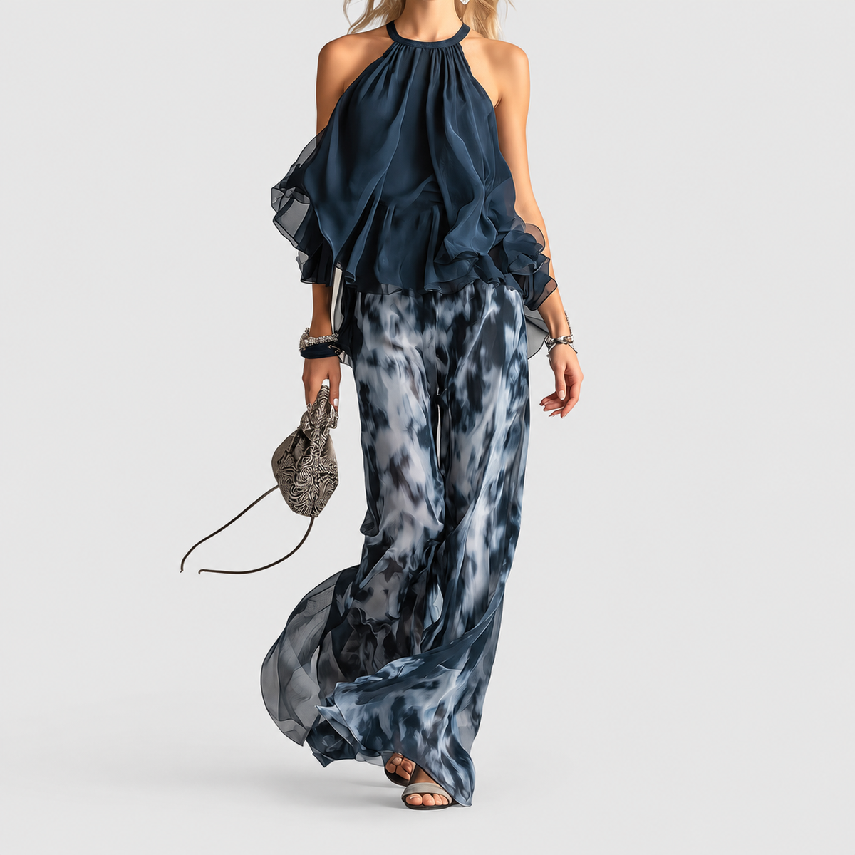 Elisabetta | Women’s Ruffled Halter Top and Wide-Leg Pants Set — Navy Blue