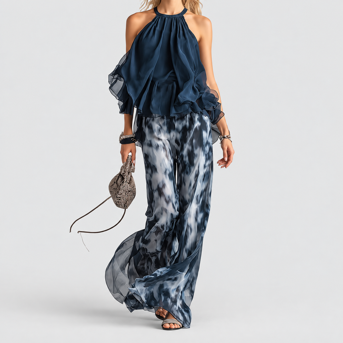 Elisabetta | Women’s Ruffled Halter Top and Wide-Leg Pants Set — product detail 2