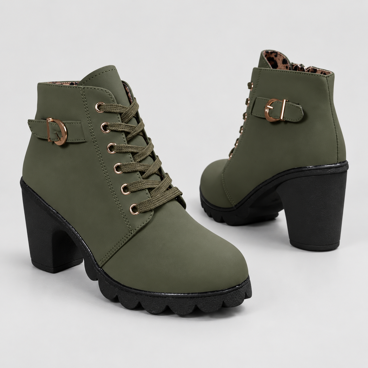 Elodie | Women’s Lace-Up Buckle Chunky Ankle Boots — Army Green