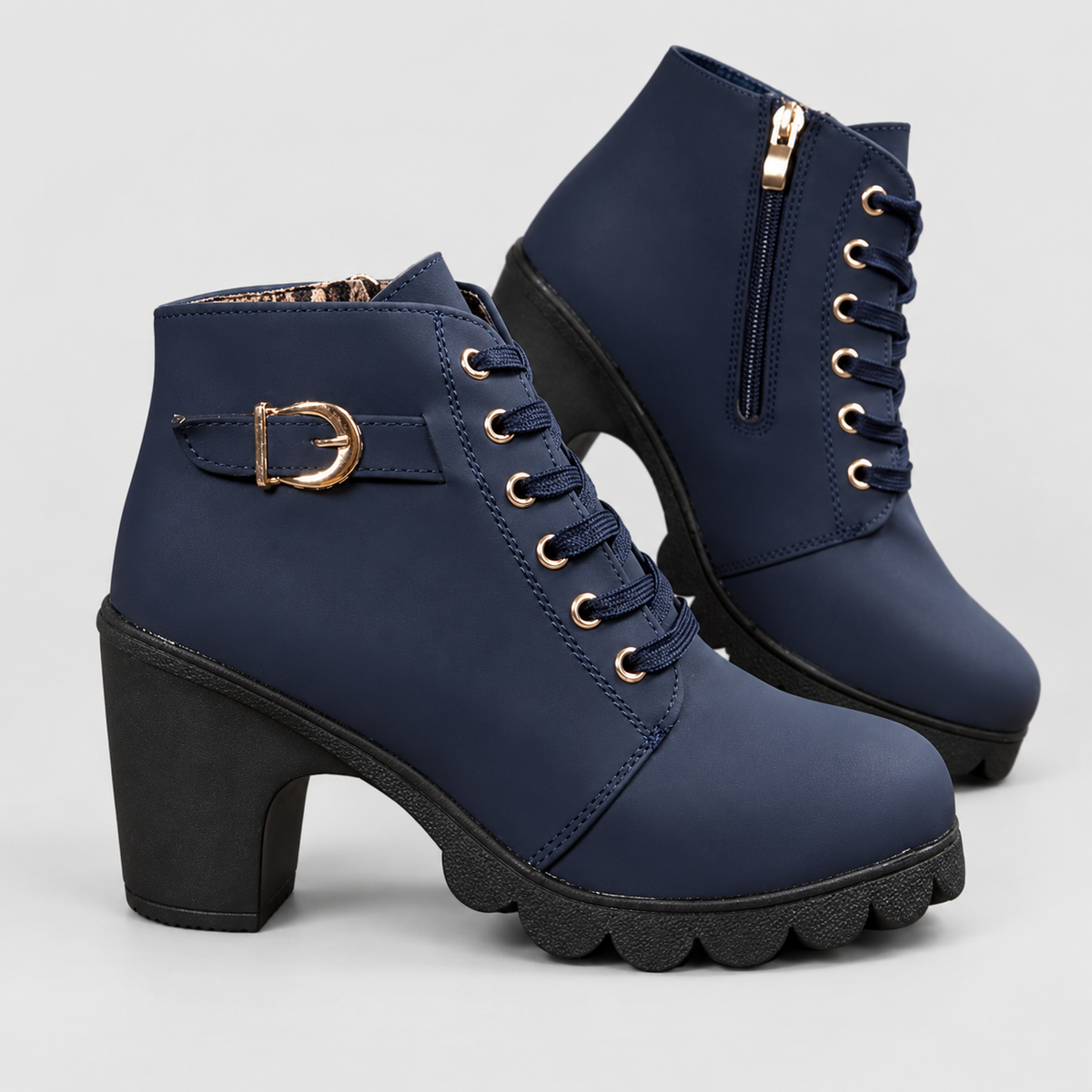 Elodie | Women’s Lace-Up Buckle Chunky Ankle Boots — Blue