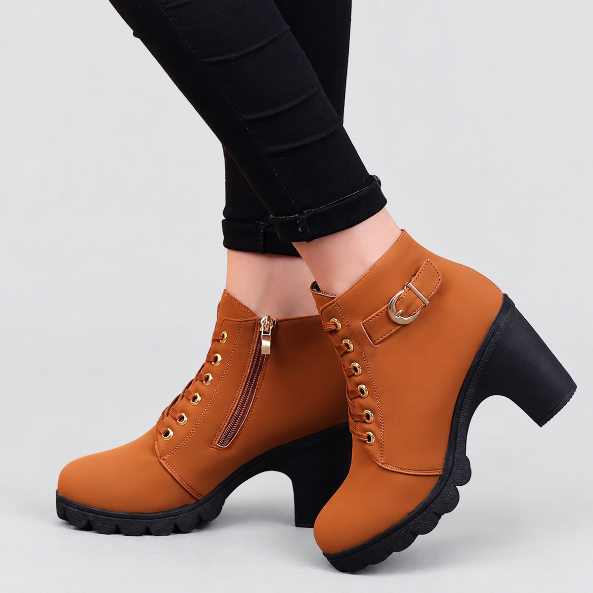 Elodie | Women’s Lace-Up Buckle Chunky Ankle Boots — brown side zipper detail