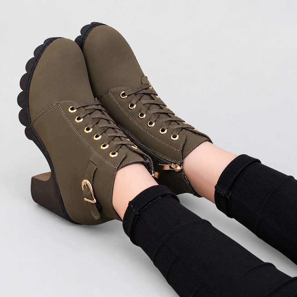 Elodie | Women’s Lace-Up Buckle Chunky Ankle Boots — army green lace-up detail