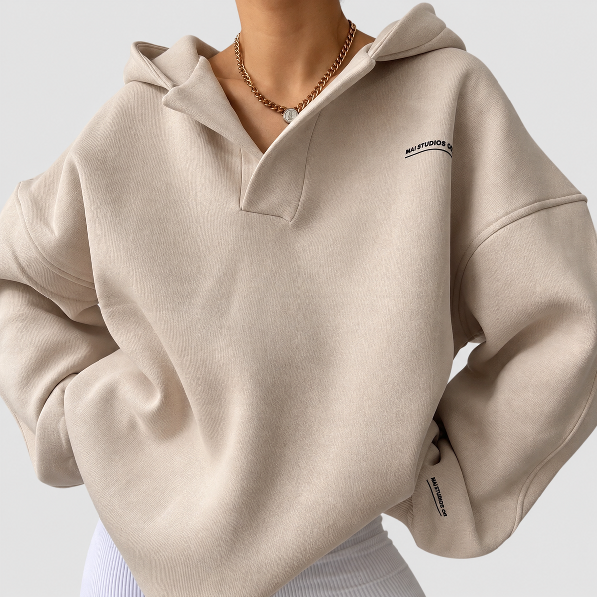 Elsinore | Women’s Oversized Open-Neck Hooded Sweatshirt — Beige