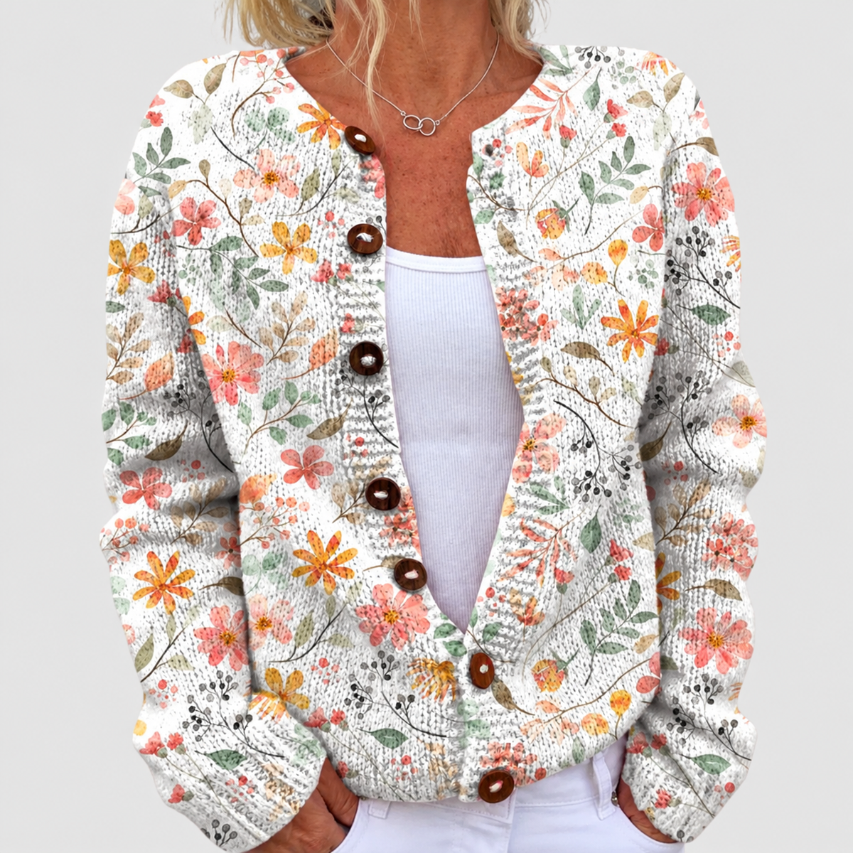 Elspeth | Women’s Small-Floral Button-Front Cardigan — Multicolour