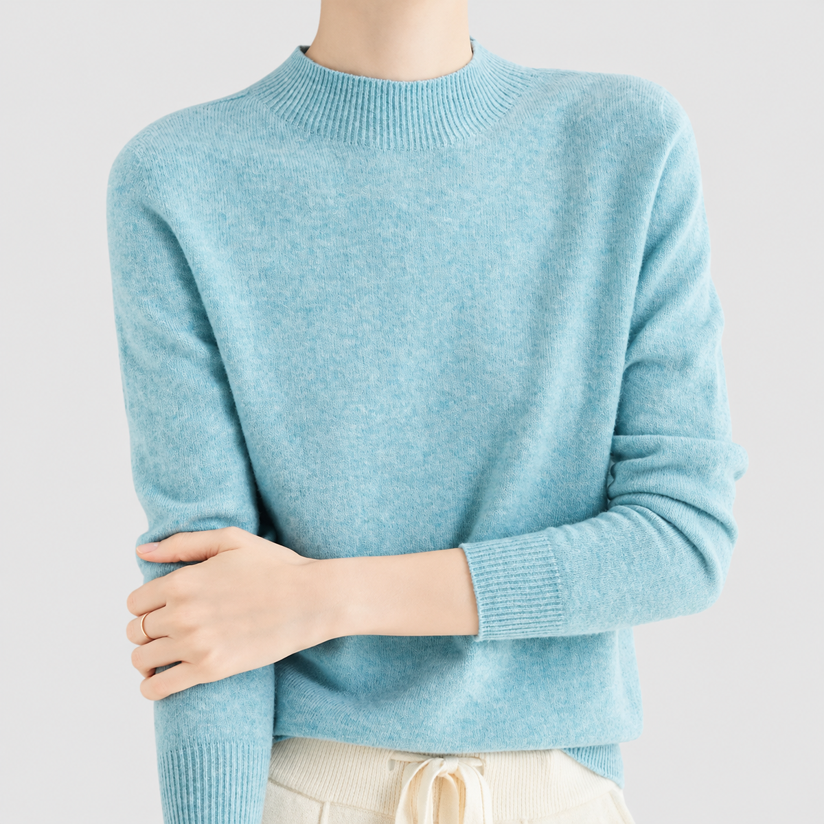 Elvira | Women’s Fine-Knit Mock-Neck Sweater — Light blue