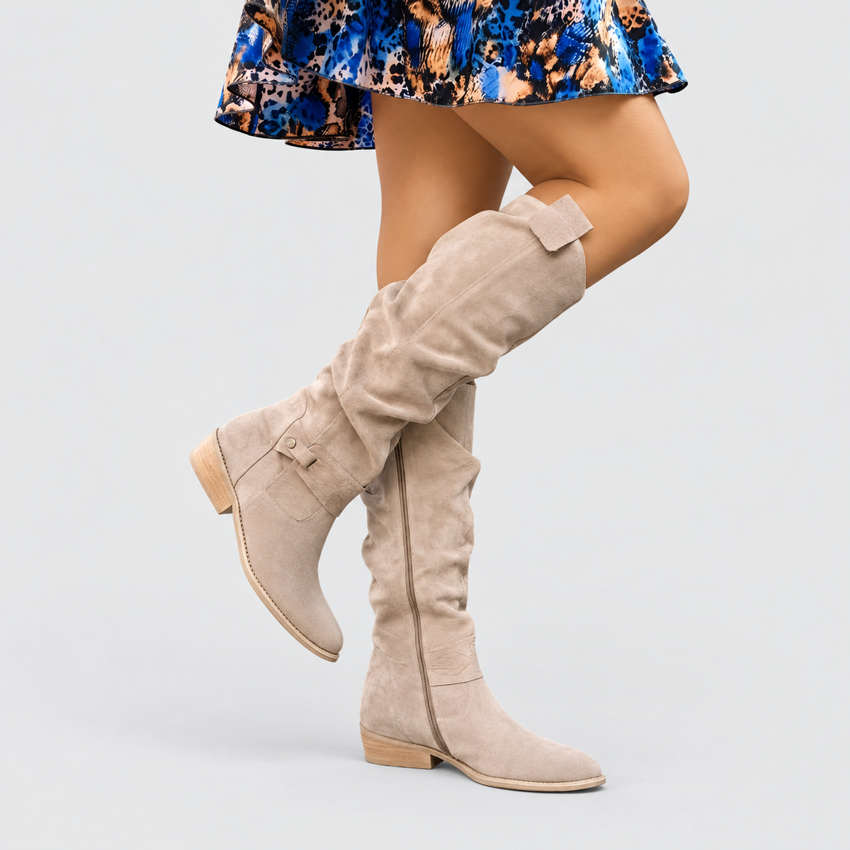Emelina | Women’s Slouch Knee-High Block-Heel Boots — Beige