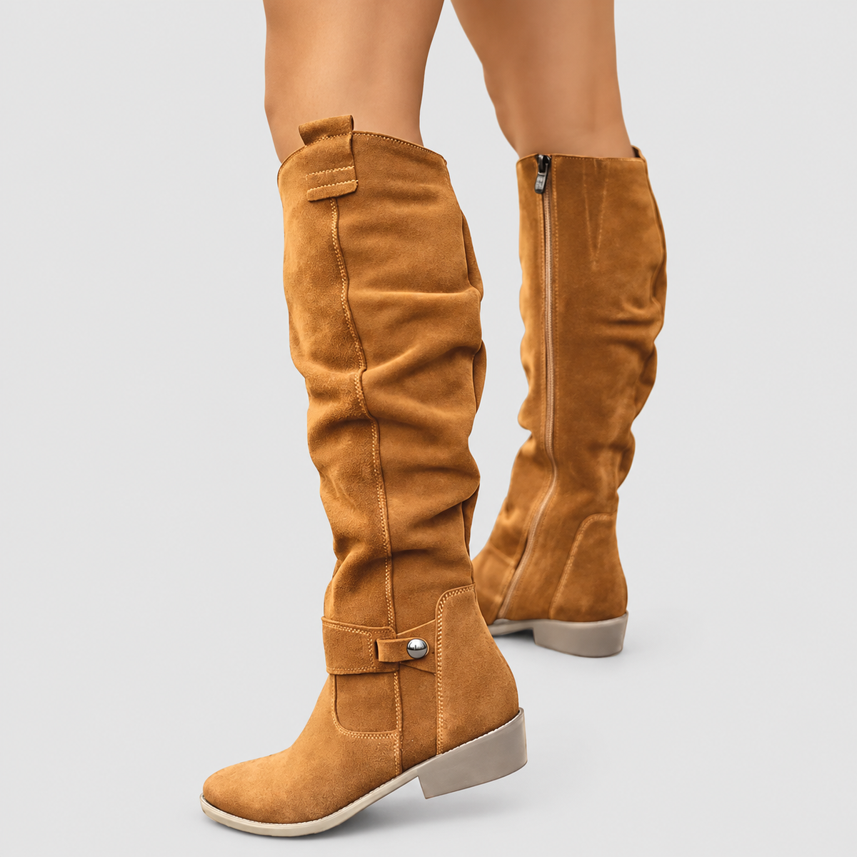 Emelina | Women’s Slouch Knee-High Block-Heel Boots — Mustard