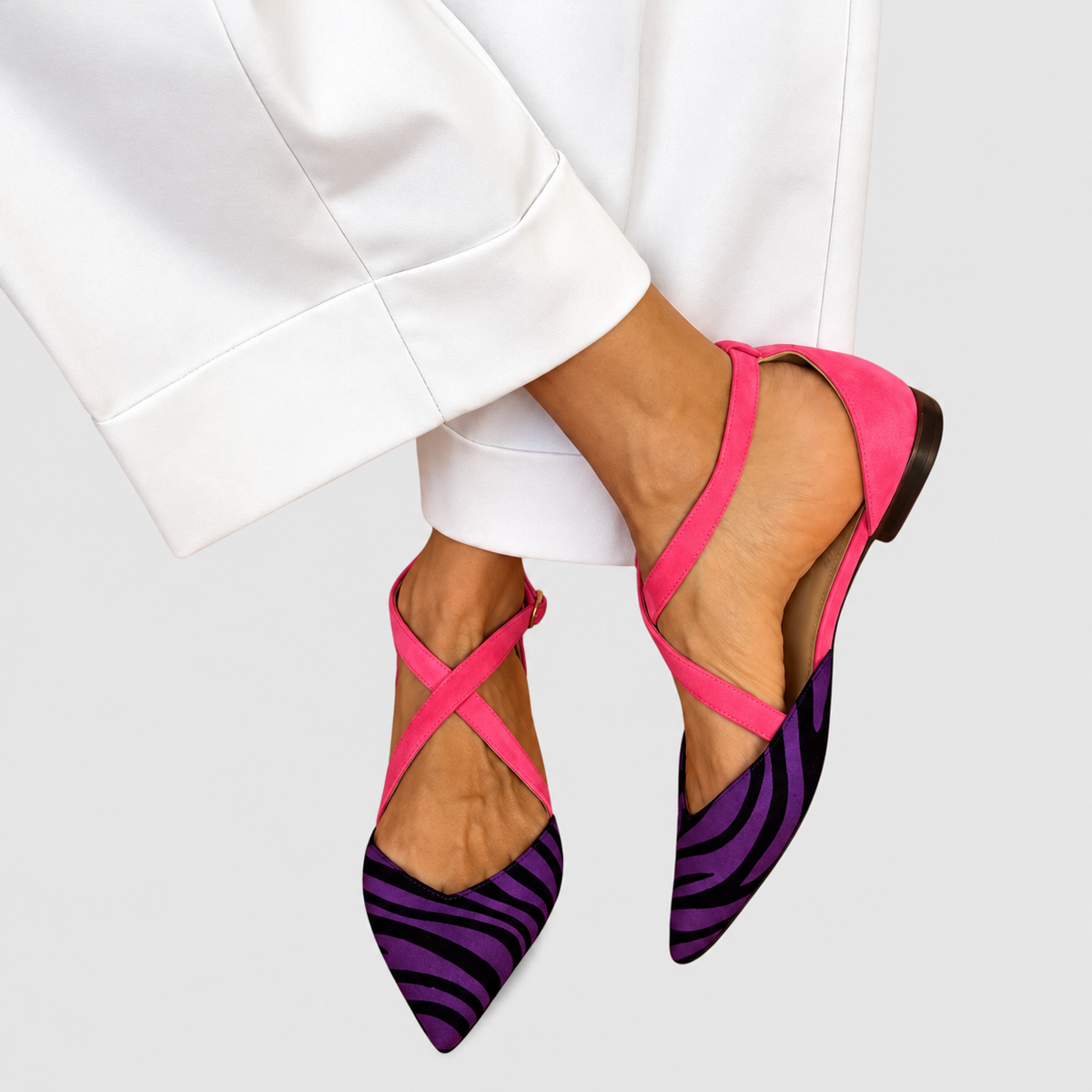 Emmeline-Claire | Women’s Zebra-Print Cross-Strap Ballet Flats — Purple