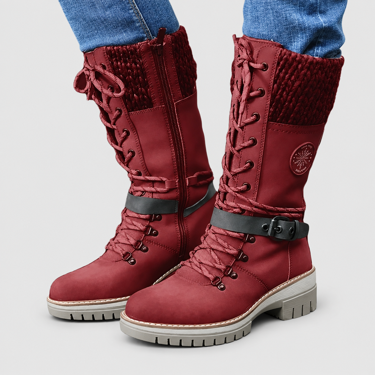Emmeline | Women’s Combat Lace-Up Knee-High Boots — Red