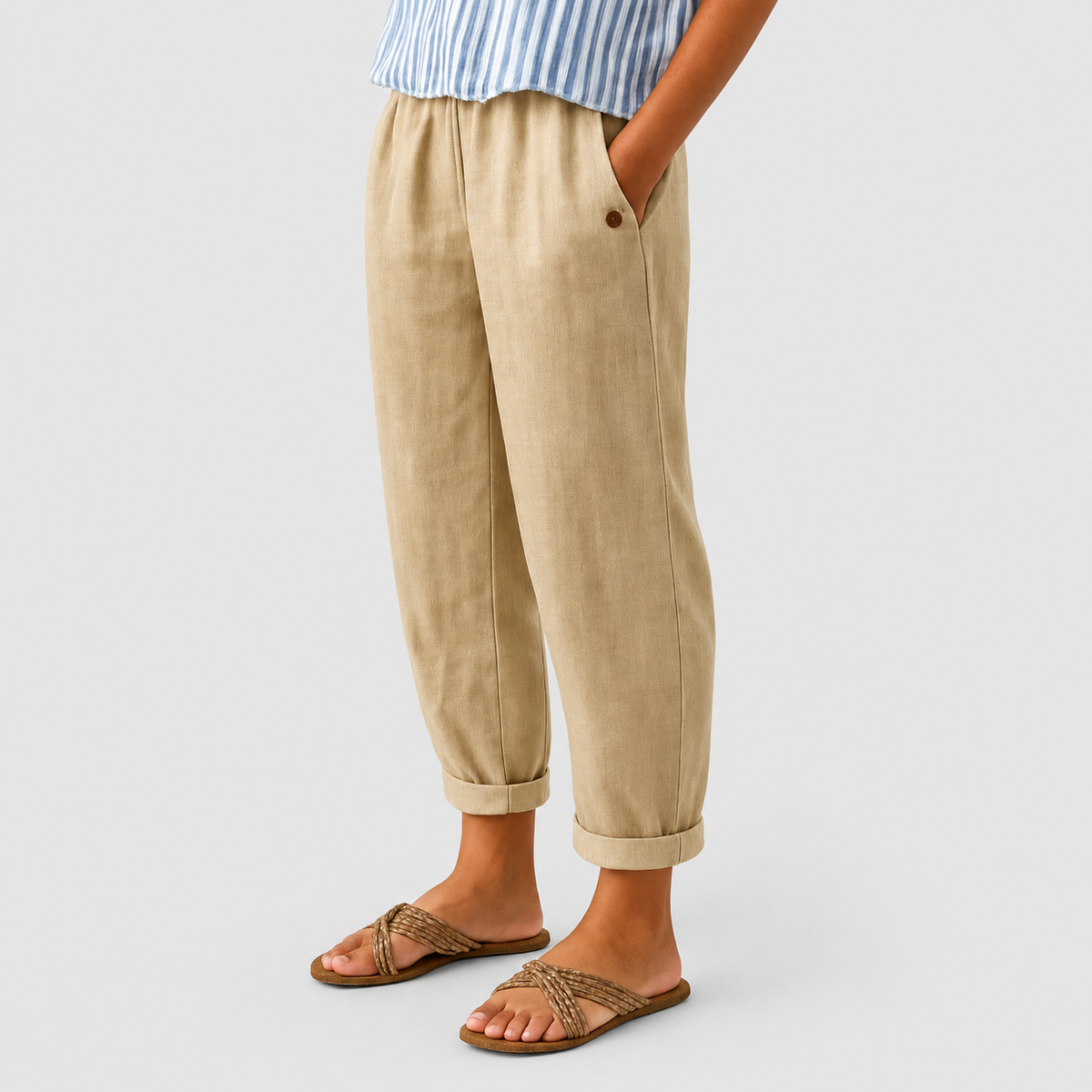 Estella | Women’s Relaxed Pants with Rolled Cuffs — Beige