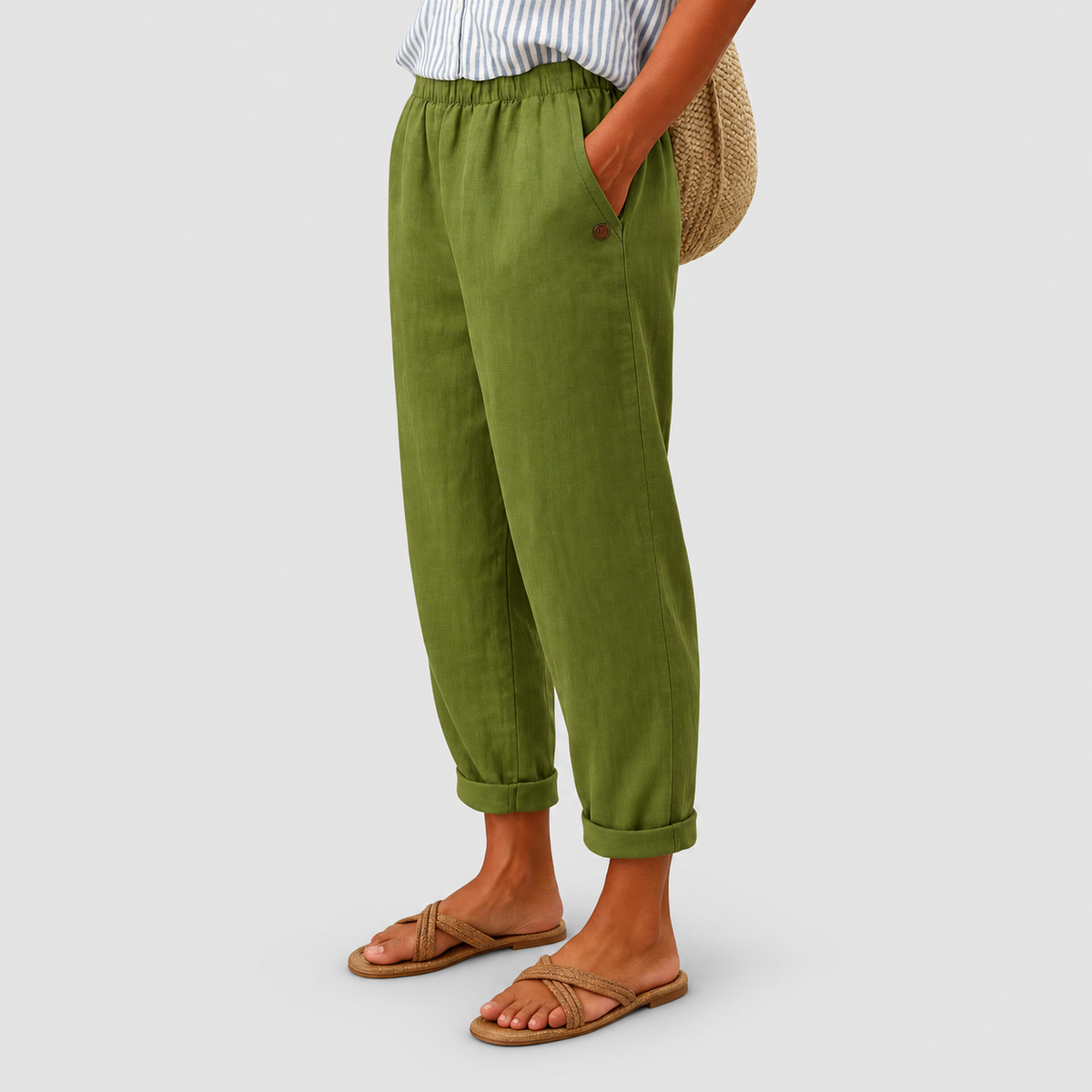 Estella | Women’s Relaxed Pants with Rolled Cuffs — Green