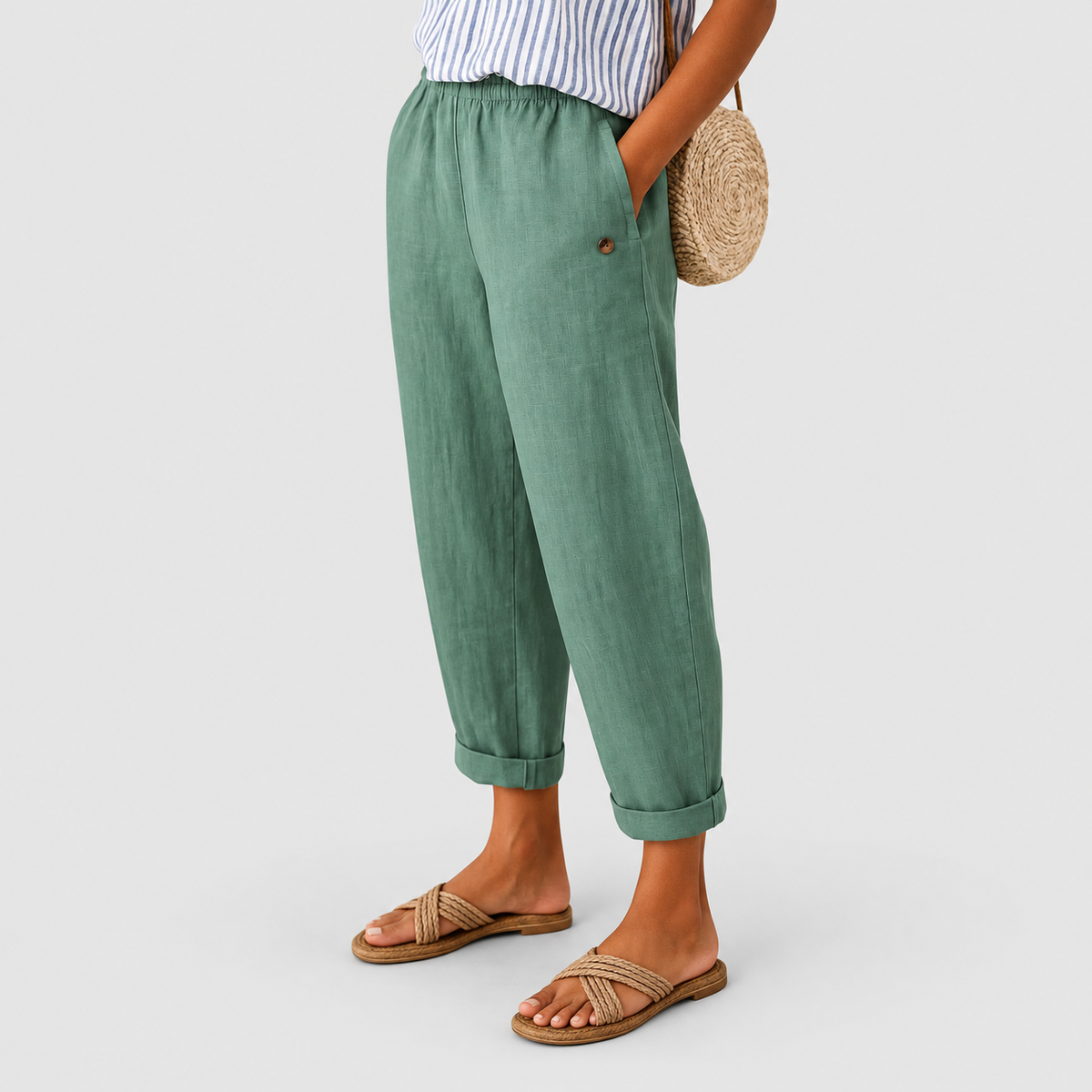 Estella | Women’s Relaxed Pants with Rolled Cuffs — Light Green