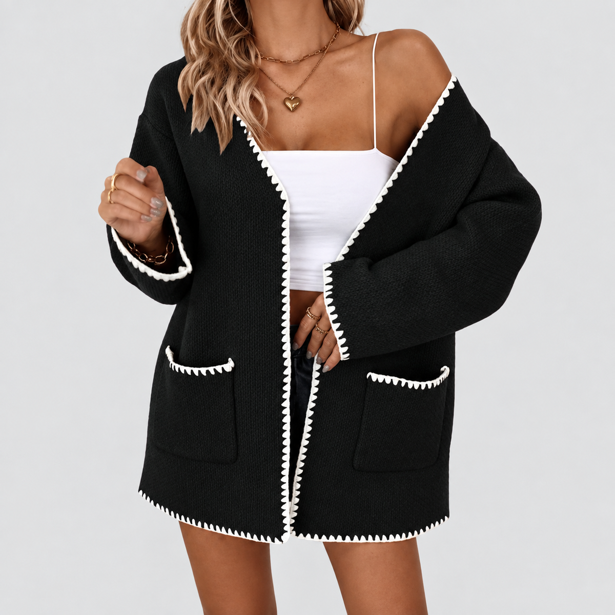 Estelle | Women’s Open-Front Knit Cardigan with Contrast Trim and Pockets — Black