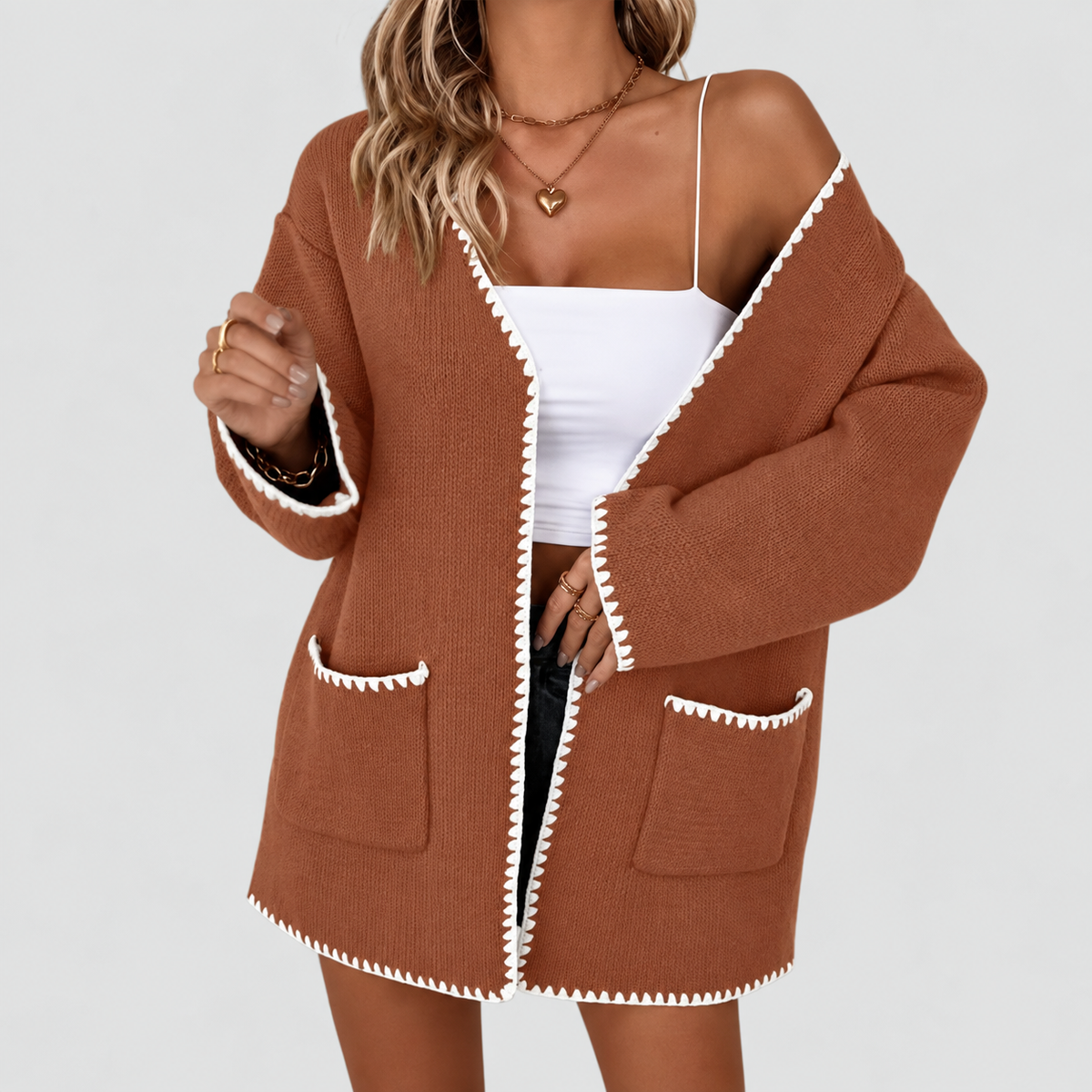 Estelle | Women’s Open-Front Knit Cardigan with Contrast Trim and Pockets — Caramel