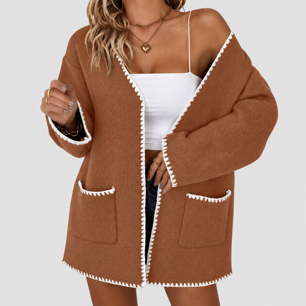 Estelle | Women’s Open-Front Knit Cardigan with Contrast Trim and Pockets — product detail 4