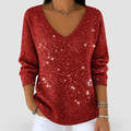 Estrelle | Women’s V-Neck Sparkle Knit Long-Sleeve Blouse — Red
