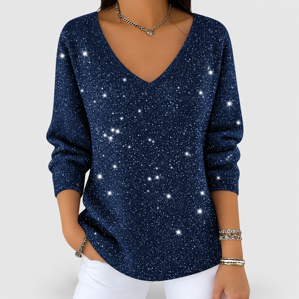 Estrelle | Women’s V-Neck Sparkle Knit Long-Sleeve Blouse — Navy Blue