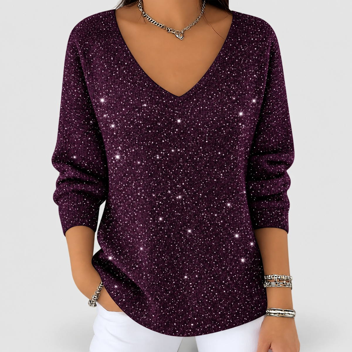 Estrelle | Women’s V-Neck Sparkle Knit Long-Sleeve Blouse — Purple