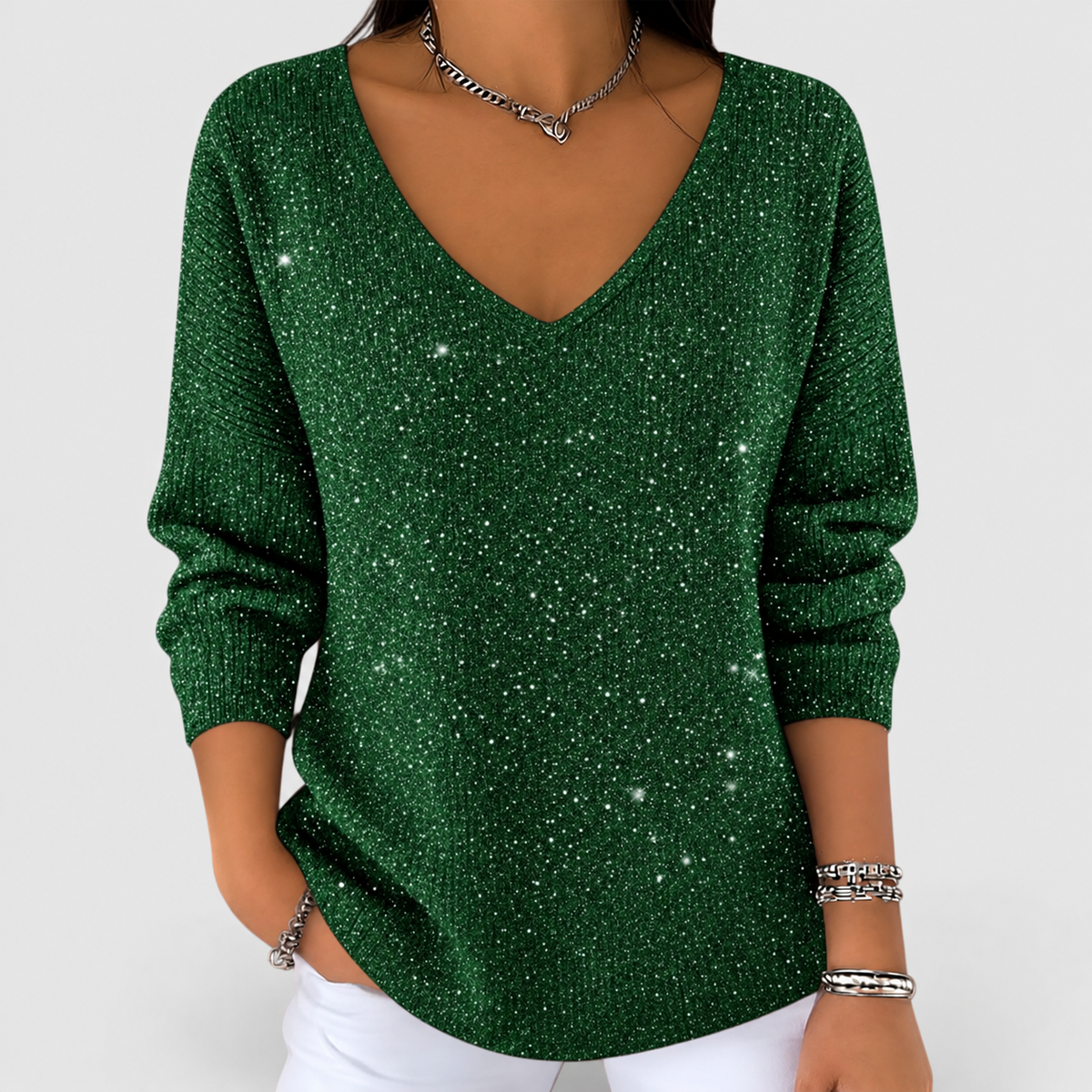 Estrelle | Women’s V-Neck Sparkle Knit Long-Sleeve Blouse — Green