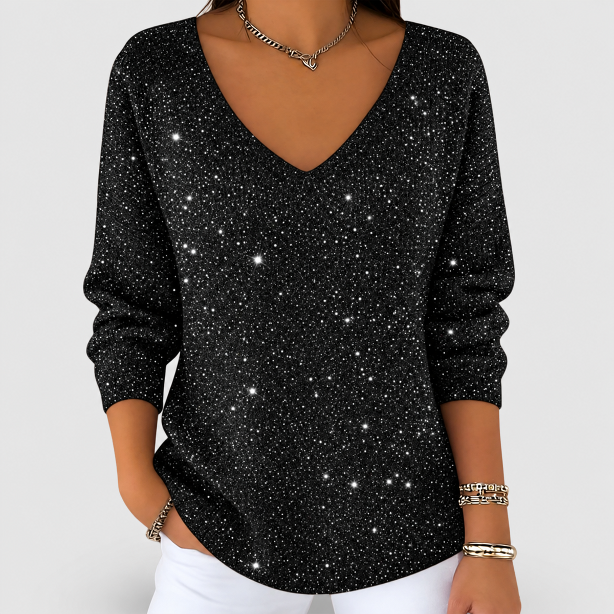 Estrelle | Women’s V-Neck Sparkle Knit Long-Sleeve Blouse — Black
