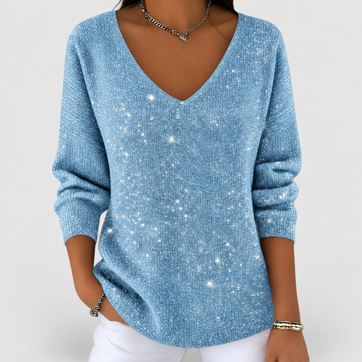 Estrelle | Women’s V-Neck Sparkle Knit Long-Sleeve Blouse — Blue
