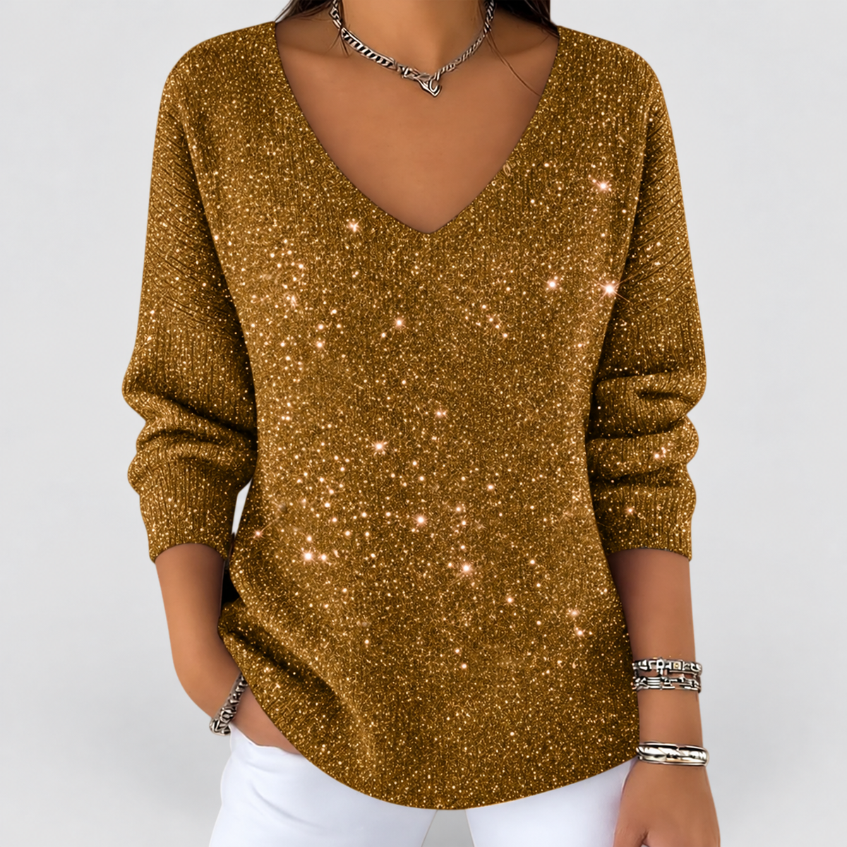 Estrelle | Women’s V-Neck Sparkle Knit Long-Sleeve Blouse — Gold