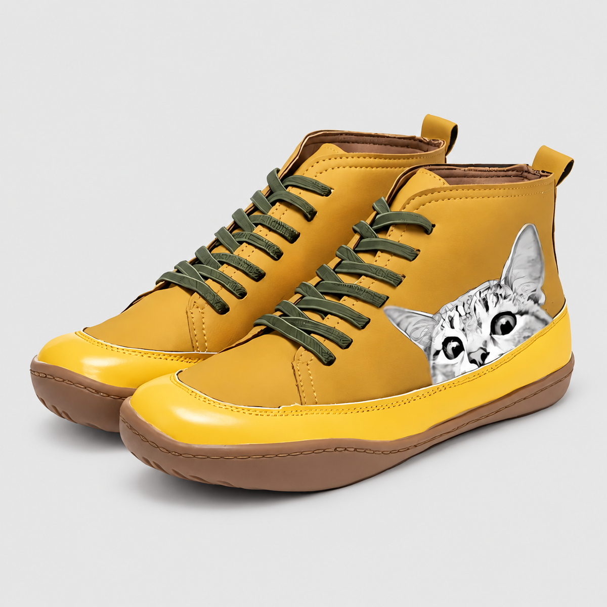 Euphemia | Women’s Cat-Print Lace-Up Ankle Boots — Yellow