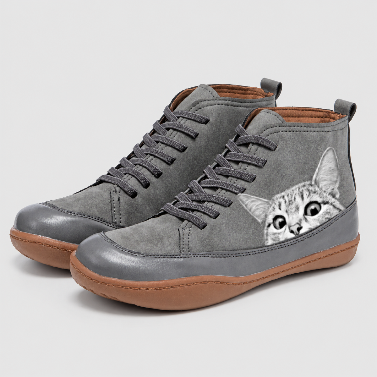 Euphemia | Women’s Cat-Print Lace-Up Ankle Boots — Grey