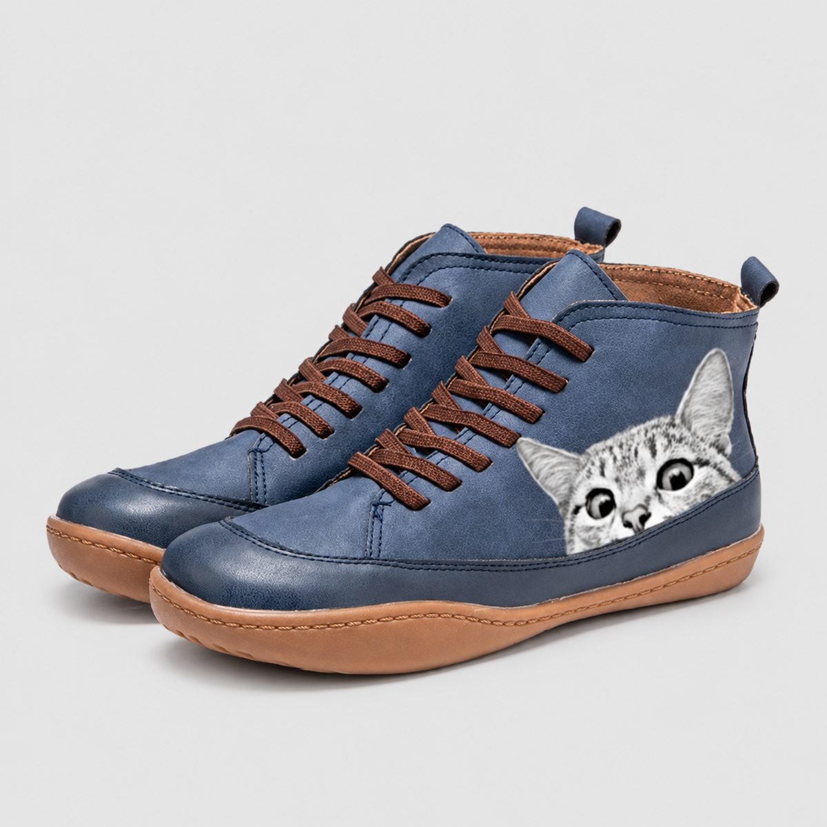 Euphemia | Women’s Cat-Print Lace-Up Ankle Boots — Blue