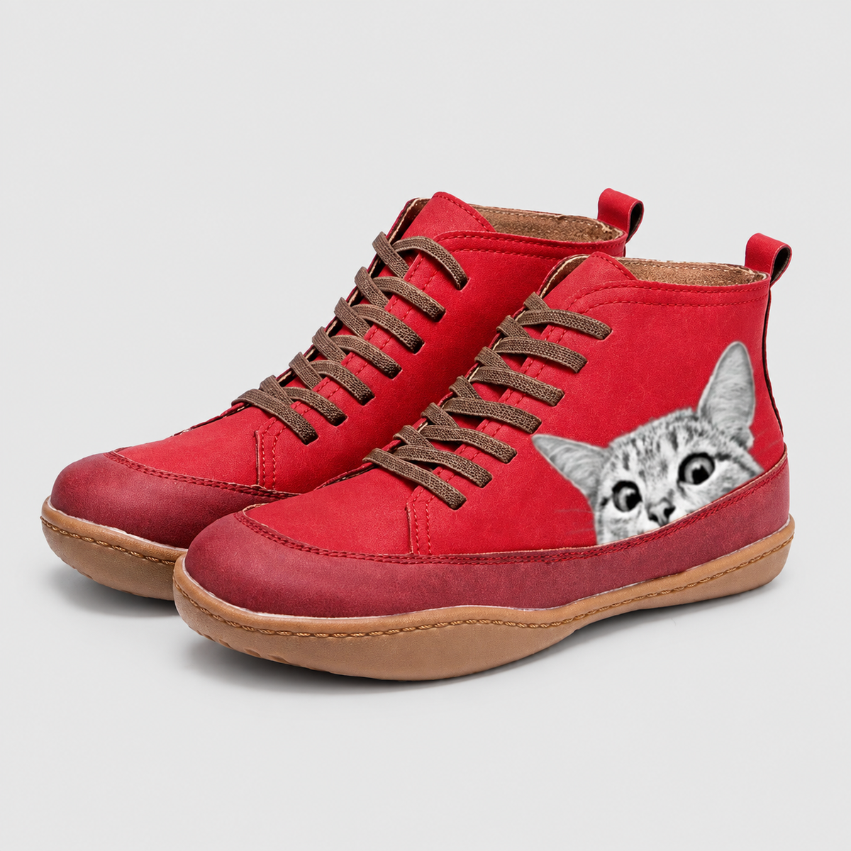 Euphemia | Women’s Cat-Print Lace-Up Ankle Boots — Red