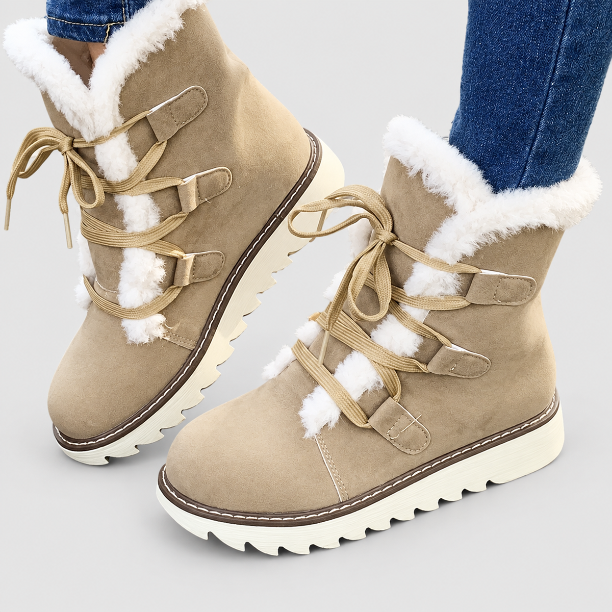 Evadelle | Women’s Lace-Up Plush-Lined Winter Boots — Beige
