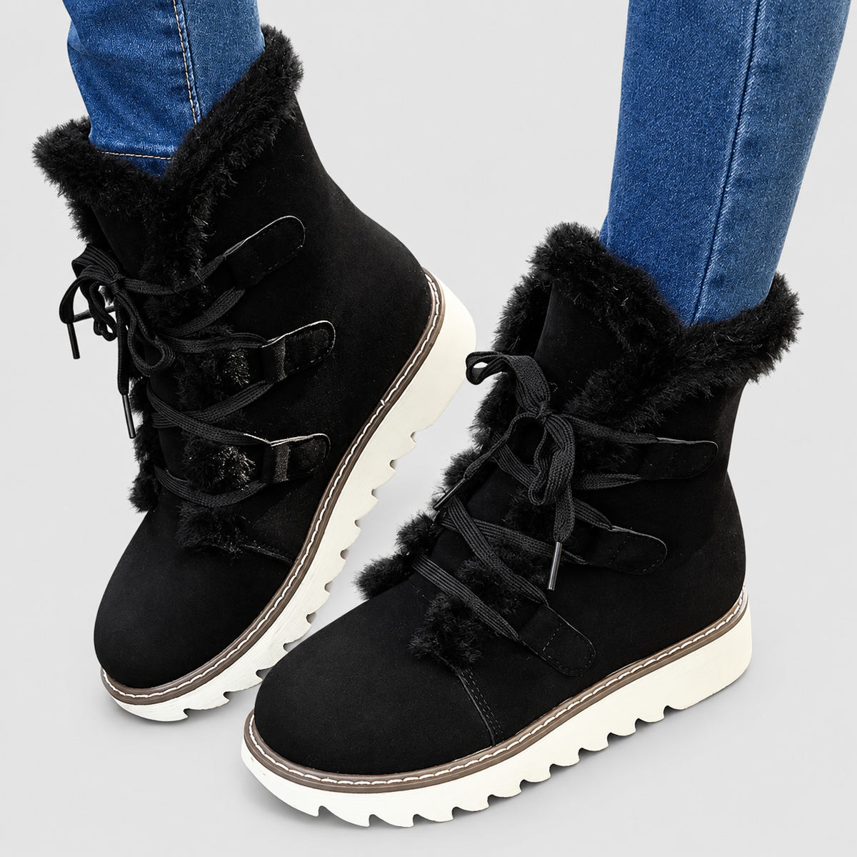 Evadelle | Women’s Lace-Up Plush-Lined Winter Boots — Black