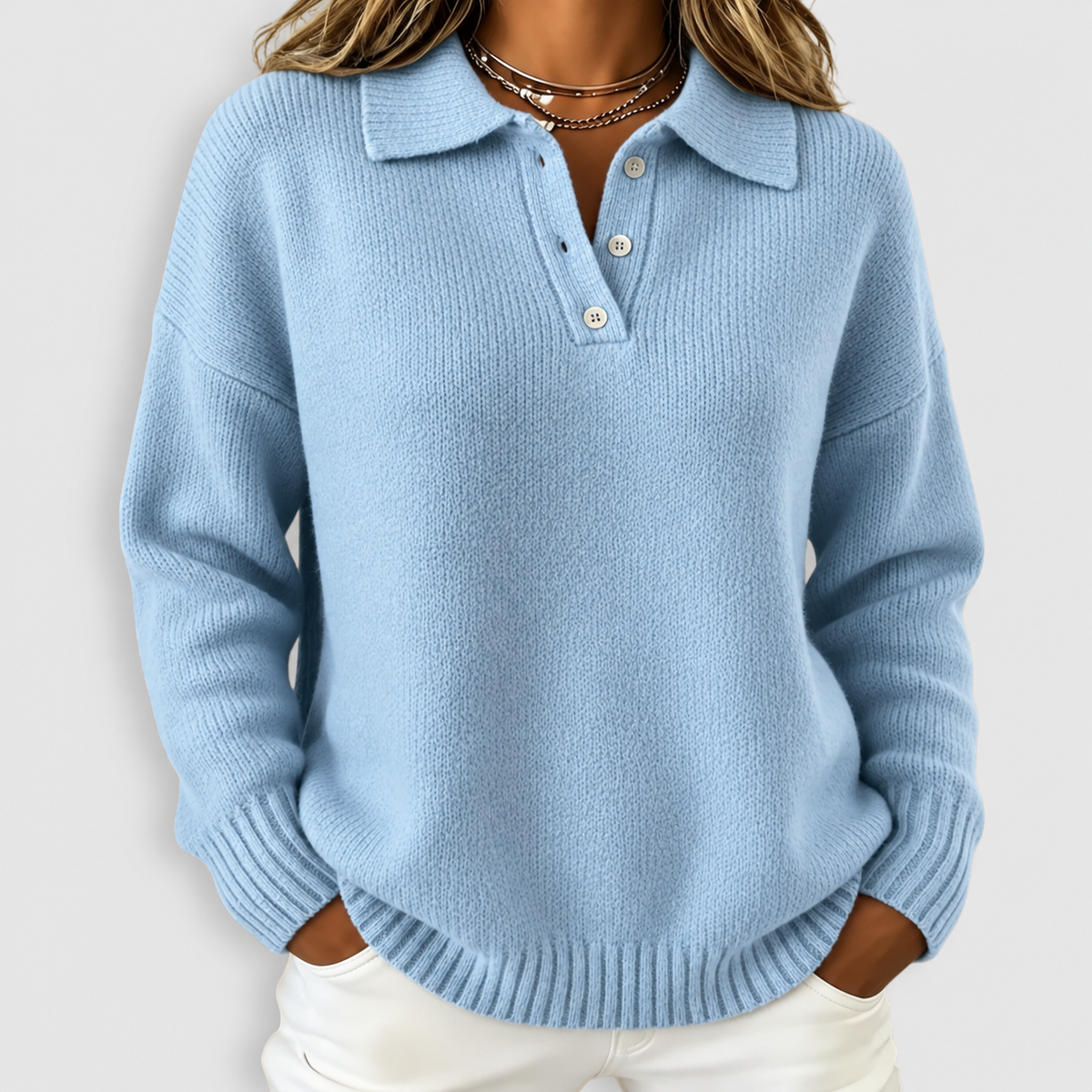 Evadine | Women’s Soft Knit Polo Sweater — Light Blue
