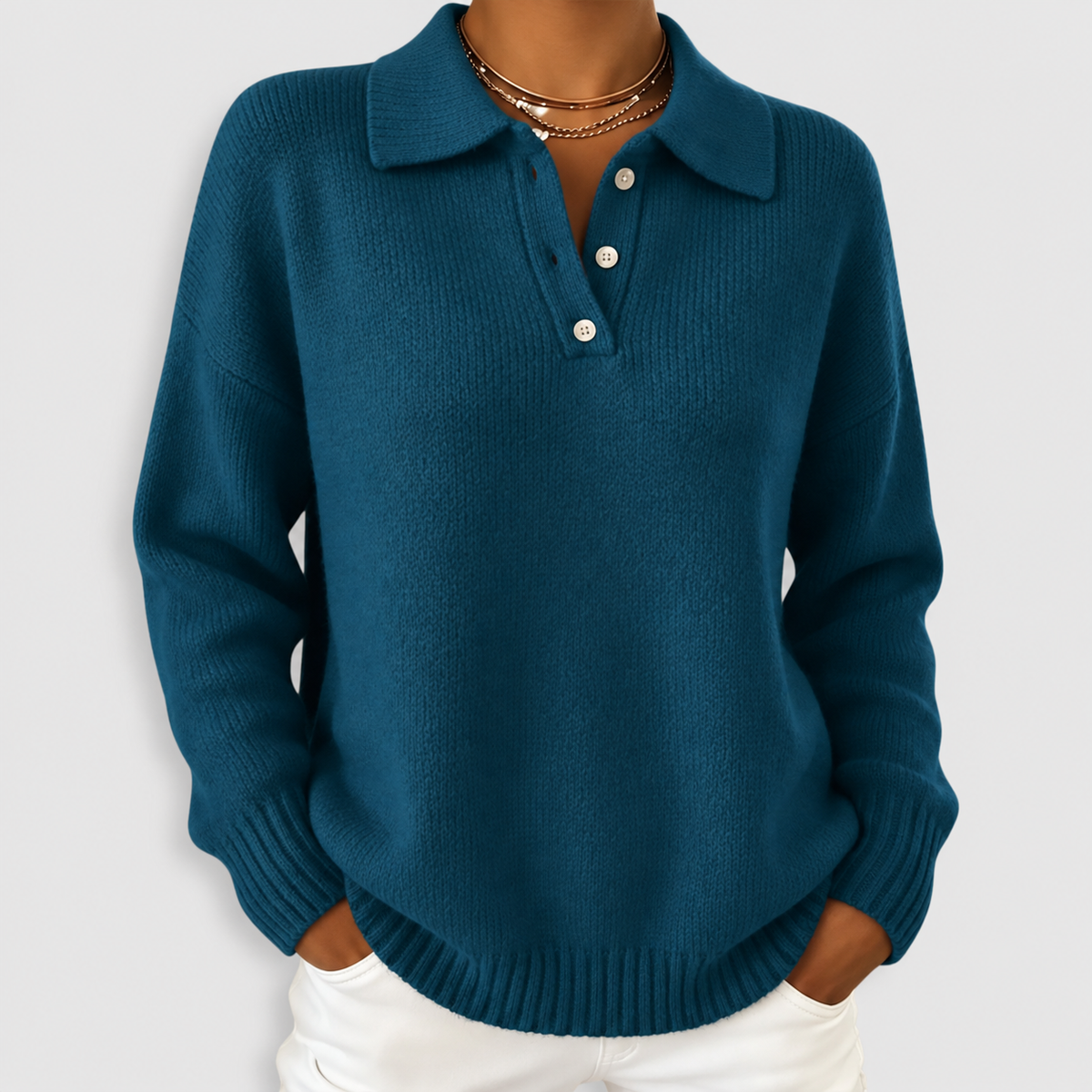 Evadine | Women’s Soft Knit Polo Sweater — Blue