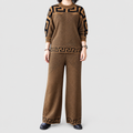 Evelina-Claire | Women’s Geometric-Trim Top and Wide-Leg Pants Set — Brown