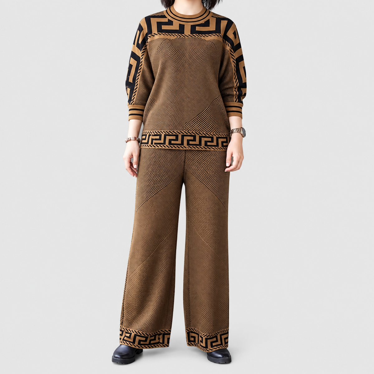 Evelina-Claire | Women’s Geometric-Trim Top and Wide-Leg Pants Set — Brown