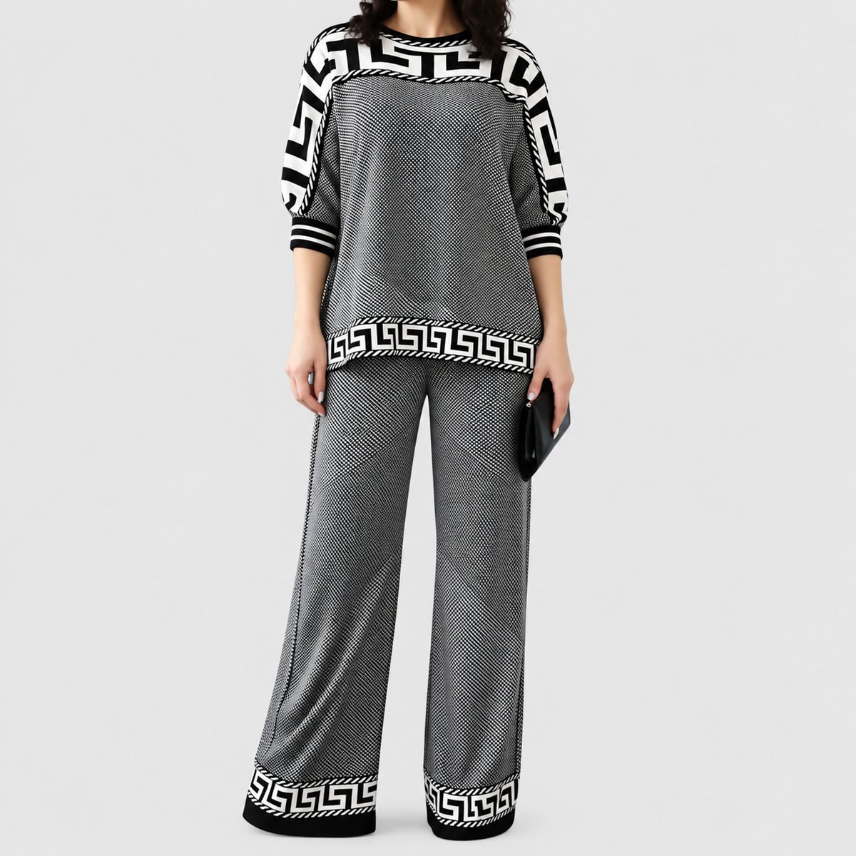 Evelina-Claire | Women’s Geometric-Trim Top and Wide-Leg Pants Set — Grey