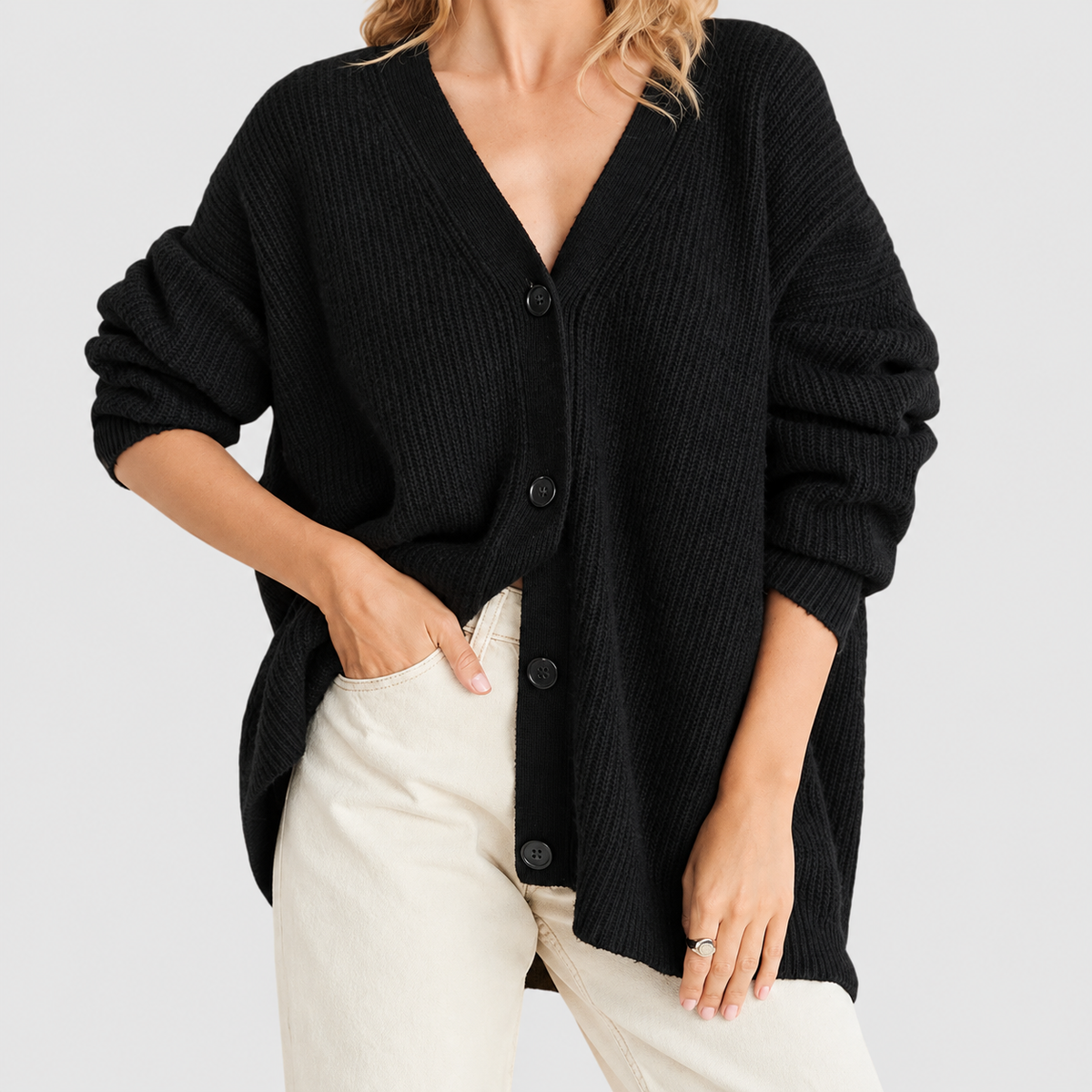 Evelina | Women’s Oversized V-Neck Ribbed Cardigan — Black