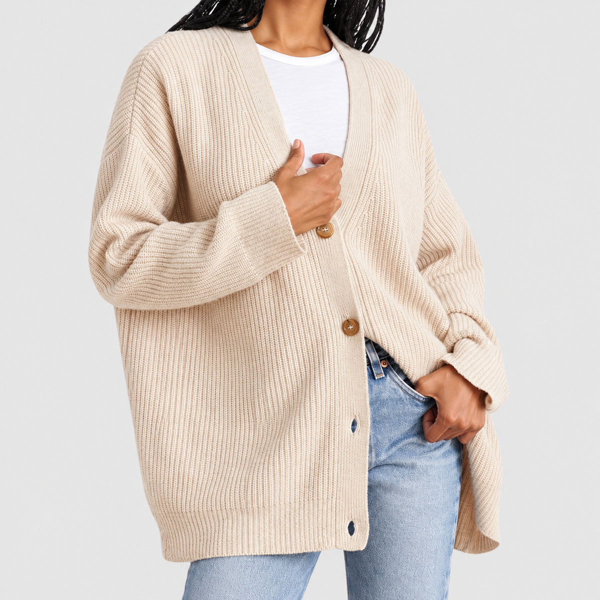 Evelina | Women’s Oversized V-Neck Ribbed Cardigan — Oatmeal Apricot