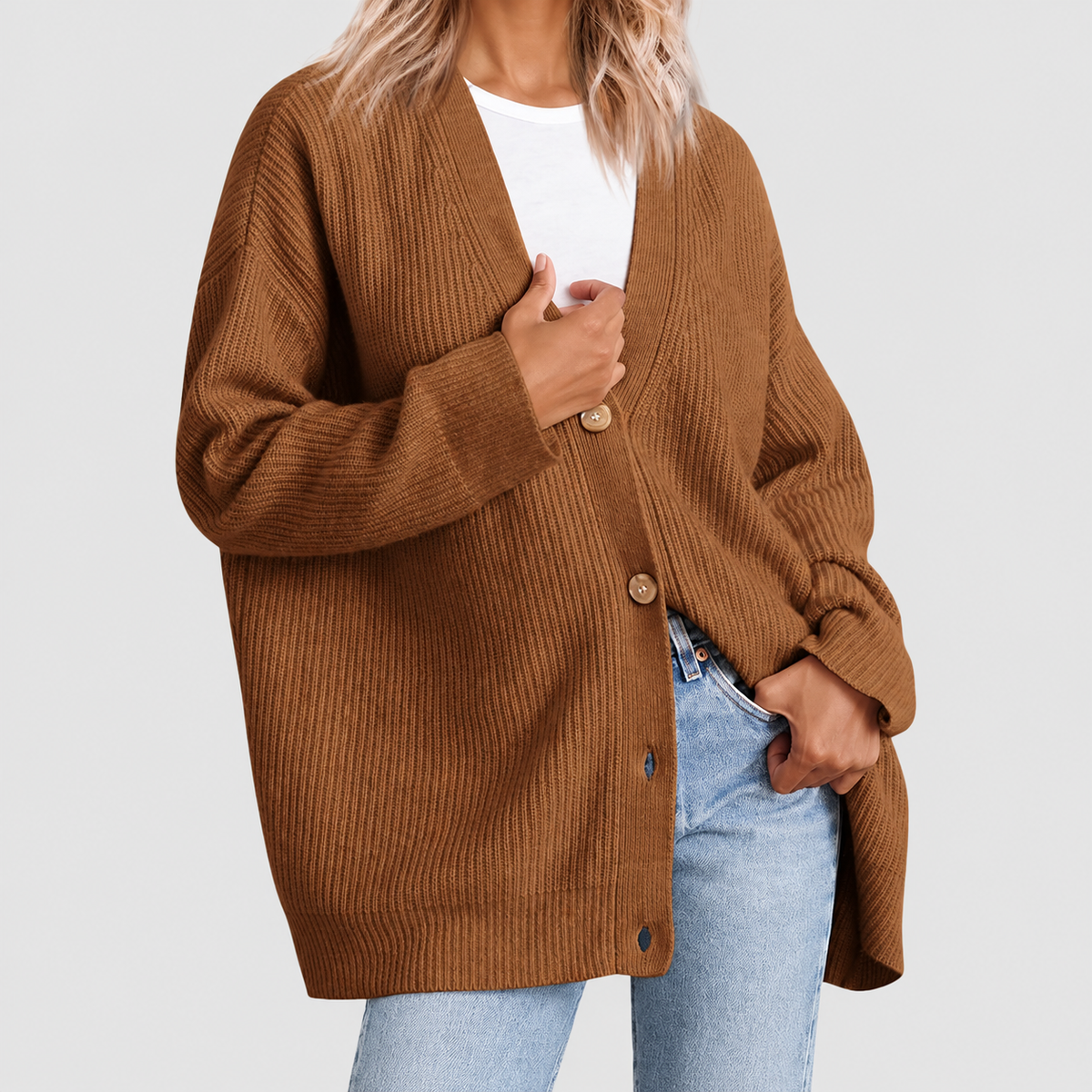 Evelina | Women’s Oversized V-Neck Ribbed Cardigan — Brown