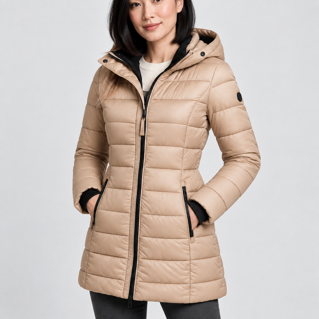 Close-up of hooded quilted puffer coat with zip pockets, showing texture and fastening details