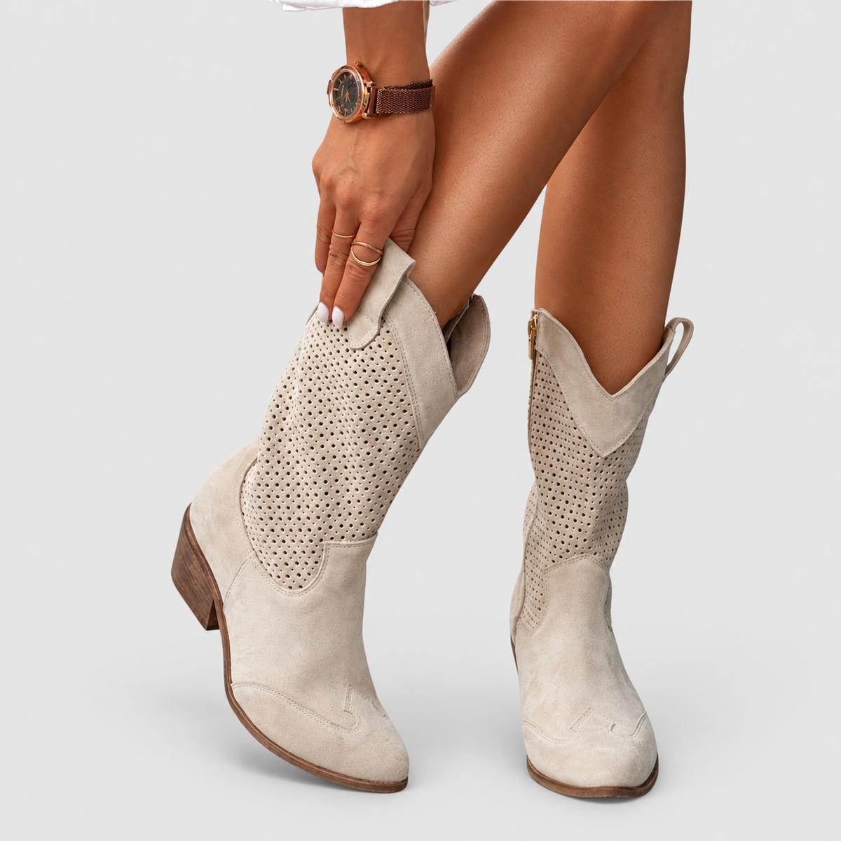 Faye | Women’s Perforated Ankle Boots — Beige