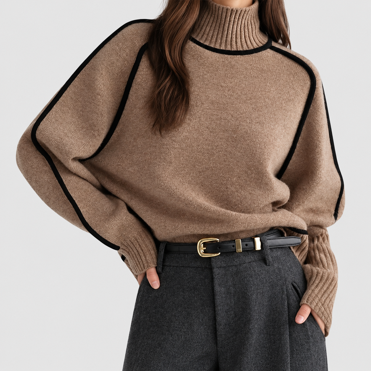 Fayetta | Women’s Contrast-Trim Turtleneck Sweater — Brown