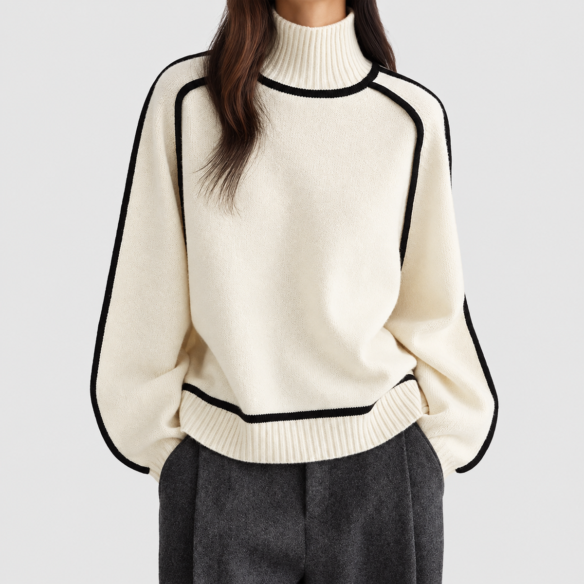 Fayetta | Women’s Contrast-Trim Turtleneck Sweater — White