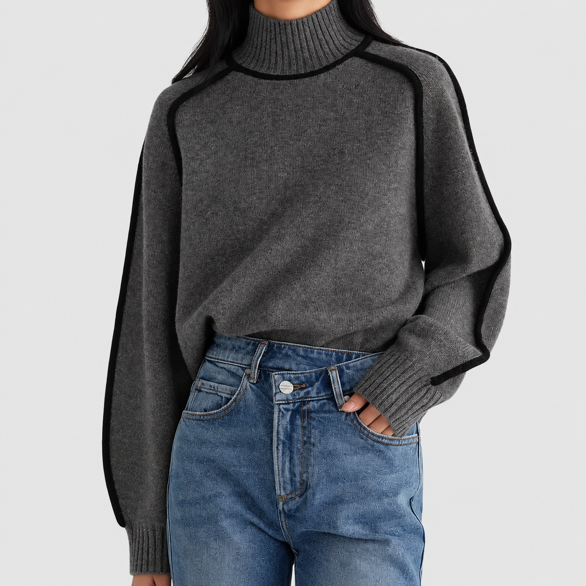 Fayetta | Women’s Contrast-Trim Turtleneck Sweater — Grey