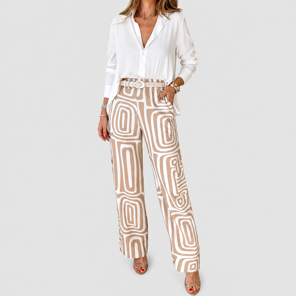 Felicia-Claire | Women’s Blouse and Geometric-Print Pants Set — Beige